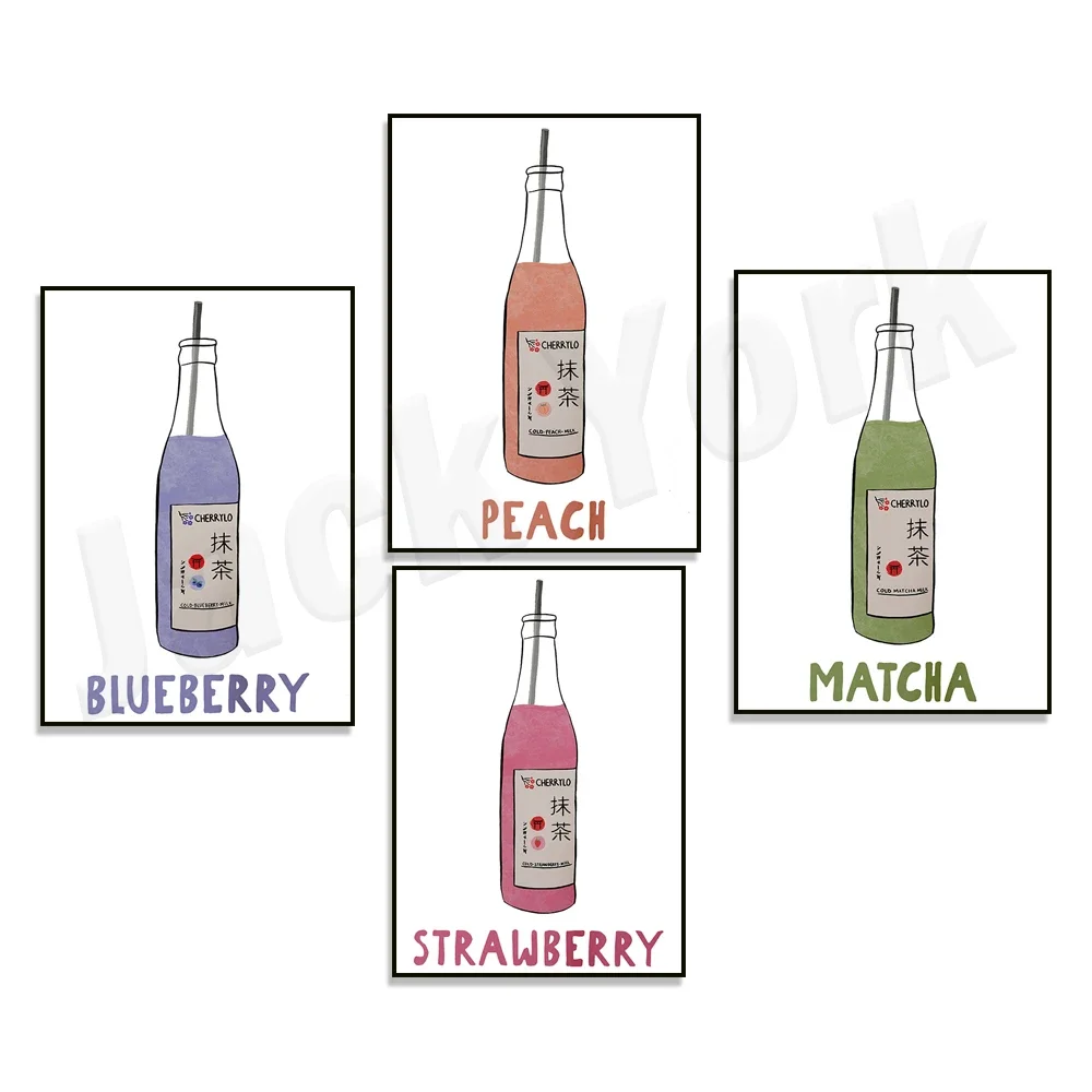 Japanese art drink, peach, strawberry, blueberry, matcha drink print, japanese poster art, poster for bar kitchen decor
