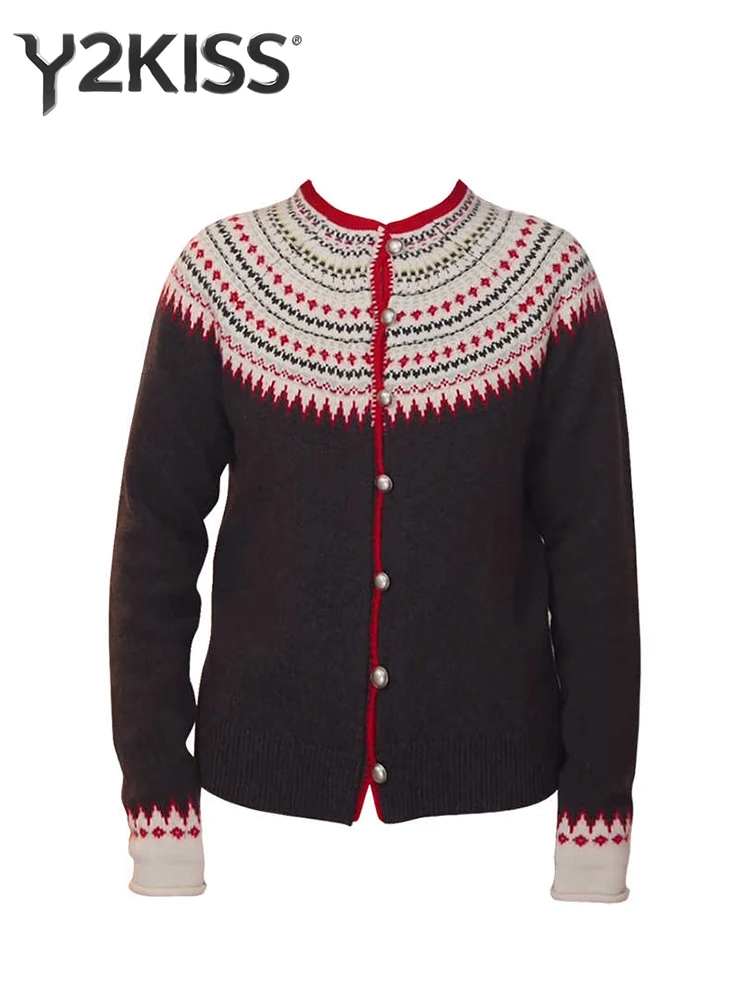 

Autumn Winter Women's Cardigan Sweater Vintage Fair lsle Knitting Long Sleeve Christmas O-neck Knitwear Jacket Jerseys Jumper