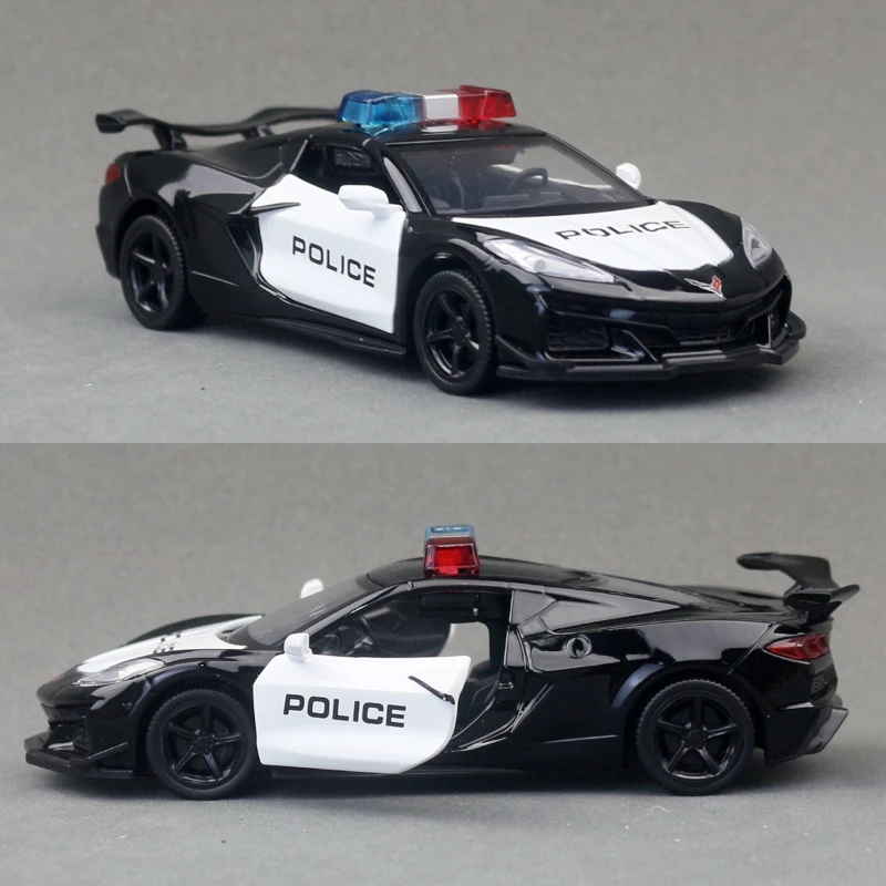 

Моделирование масштаба 1/32 Chevrolet Corvette Z06, модель полицейского автомобиля, звук и свет, игрушечный автомобиль с откатным механизмом для детей, подарок для мальчиков