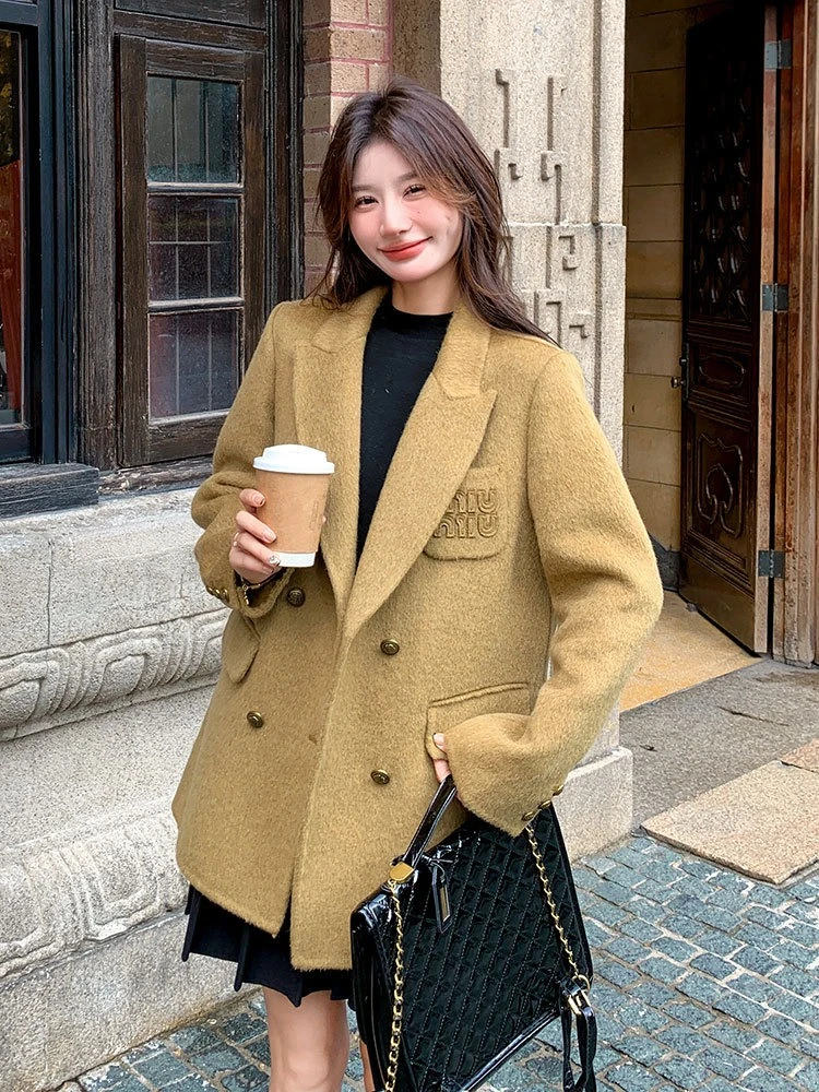 

Новинка 2025 года, двустороннее шерстяное пальто, женское осенне-зимнее корейское свободное утепленное пиджак, элегантное офисное шерстяное пальто, верхняя одежда