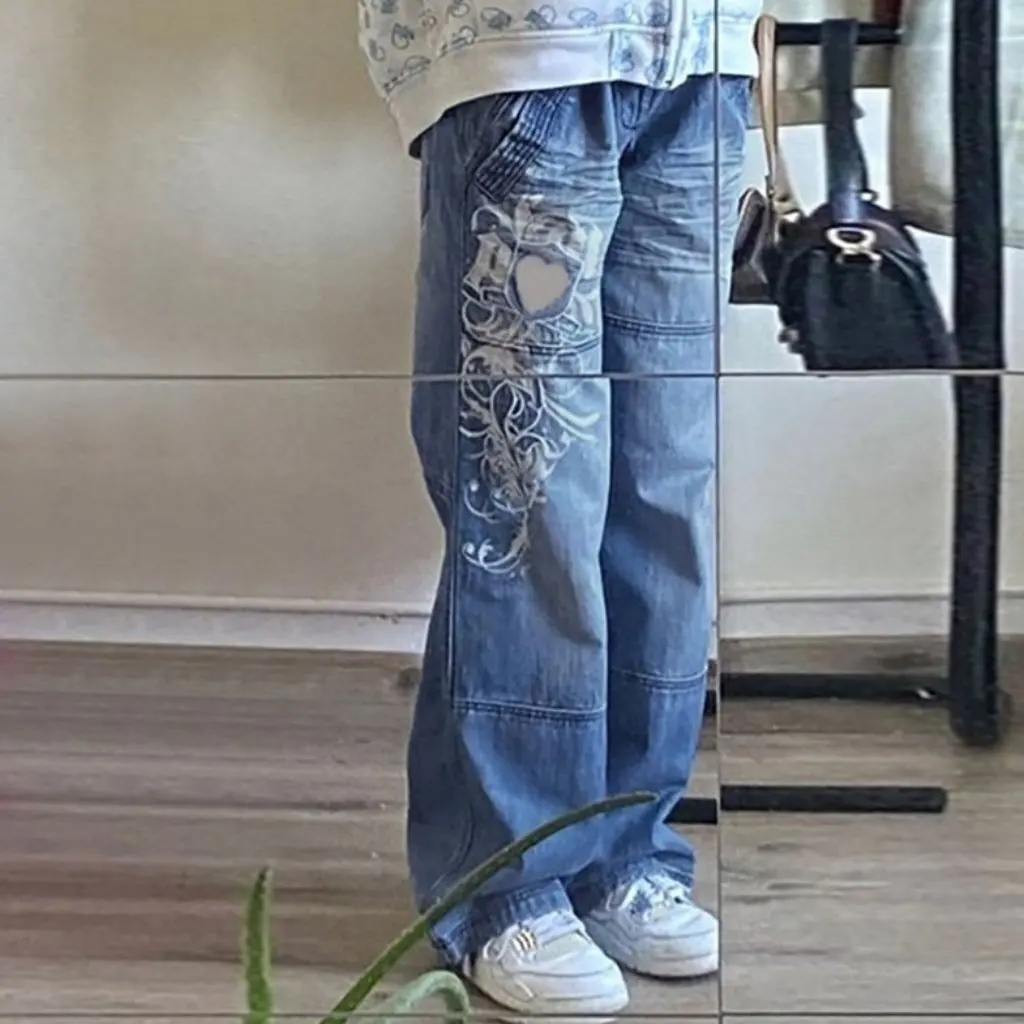 Hipster-bedruckte Jeans für Damen, Distressed Mid-Waist, gerade Hose, Herbst-Streetwear, europäischer und amerikanischer Stil