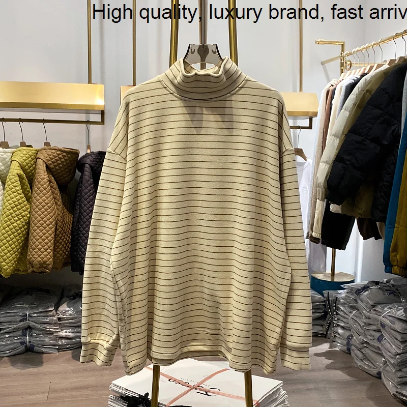 Sanding 【Live Shot】thicken Loose Striped Basic T-shirt for Women New Autumn Winter High Collar Long Sleeve T Shirt Top