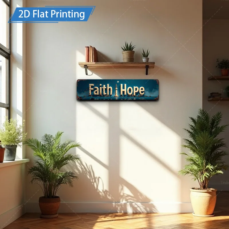 [2D FLAT] قطعة واحدة من اللافتات المعدنية، 4 × 16 بوصة Faith Hope Metal Wall Art 2D طباعة مسطحة لديكور المنزل