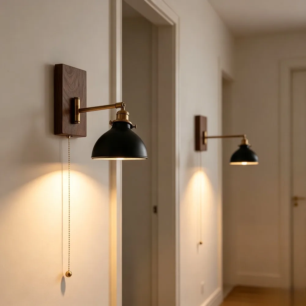 Pull Chain Switch LED Wall Lamp Beside Bedroom Living Room Light Arm Left Right Totate Wood Canopy Applique Murale Sconce