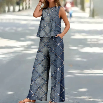 夏のレディースノースリーブベストセット絶妙なプリントラウンドネック Tシャツトップルーズストレートパンツツーピースハワイ旅行服