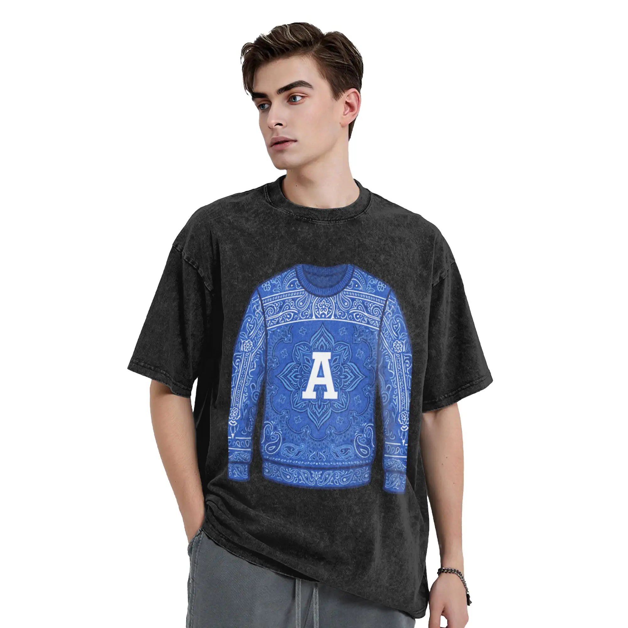 Blue Varsity Sweater Graphic Classic Trendy A T-Shirt Oversized Short Sleeve Men's Women's Cotton Tees Tops