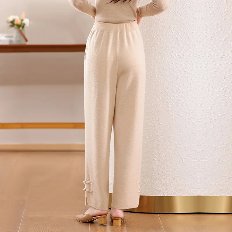 Thick 100% Wool! Women's Elastic - waist Solid Color Lantern - style Ankle - length Pants, Buttons Decoration Catches Eyes