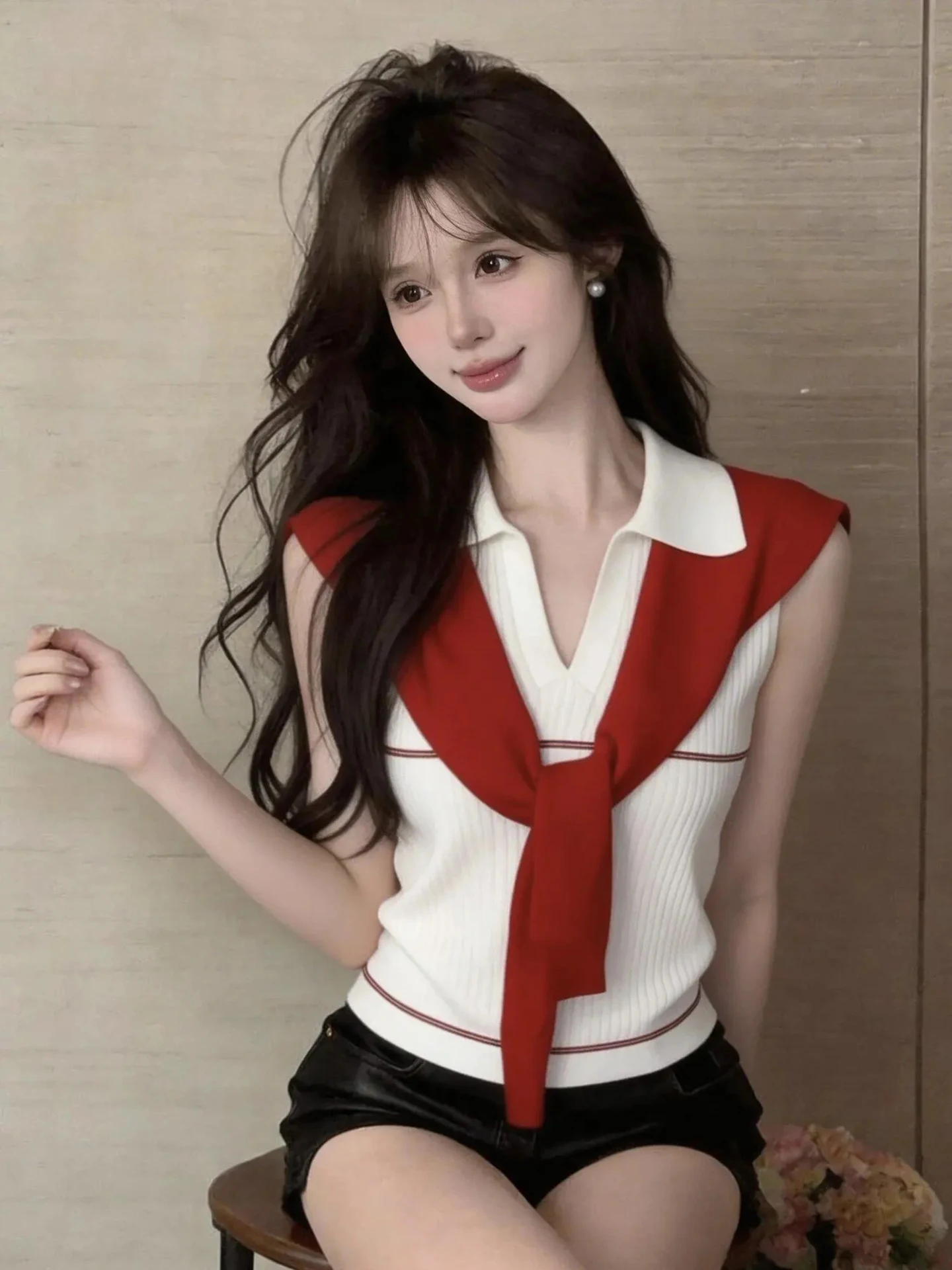 Korean Style Striped Red Shoulder Wrap Women's Tank Top Summer New Arrival School Campus Fashion Decorative Stripe Design