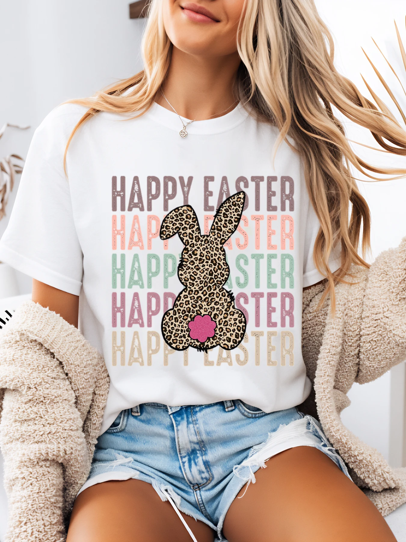 

Leopard Bunny Happy Easter Print T-Shirt Easter Women Casual Wear White Plus-Size