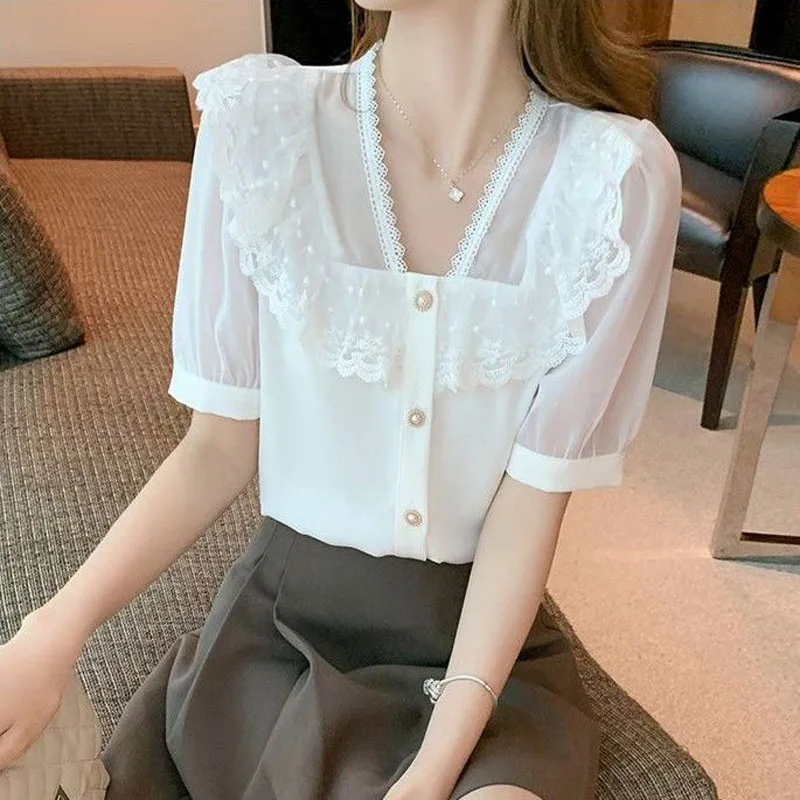 Summer New Lace Patchwork Fashion V-Neck Color Button Blouses for Female Puff Sleeve Elegant Mesh Ruffles Shirt Women\'s Clothing