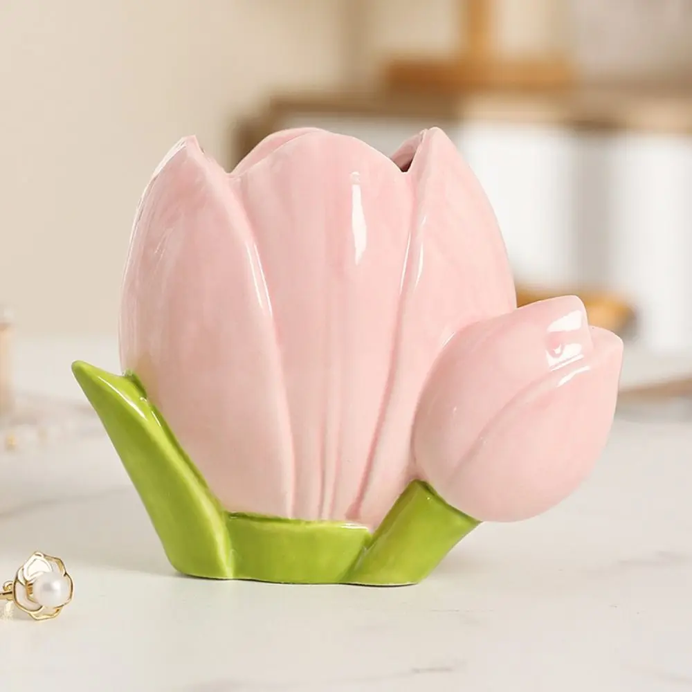 Cute Tulip Flower Pen Holder Ins Style Ceramic Retro Makeup Brush Storage Bucket Aesthetic Large Capacity Stationery Shelf Girl