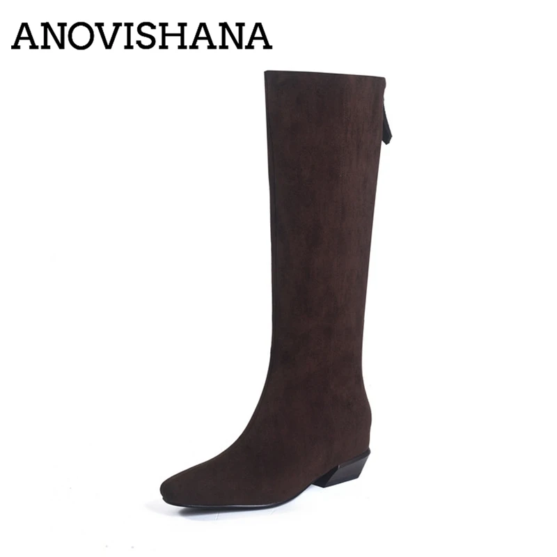 ANOVISHANA Genuine Leather Suede Wide Leg Knee High Botas Women Chunky 3cm Heel 2cm Hidden Heel Zip Black Brown Apricot 40