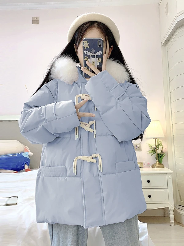 Blue Thiened down Jaet Women's Winter Warm Coat Fur Collar Windproof Outerwear College Sle Loose Fit Polyester Fiber