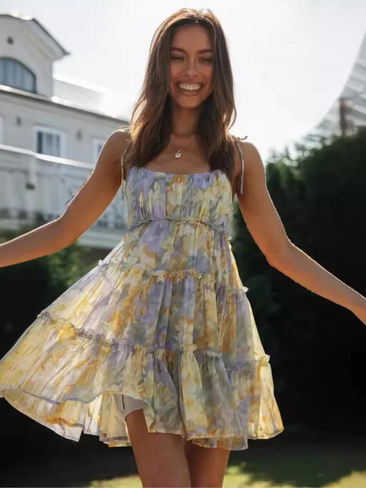 2025 여름 섹시한 꽃 프린트 미니 드레스 새로운 패션 우아한 해변 휴가 백리스 프릴 Pleated 휴일 클럽 파티 드레스