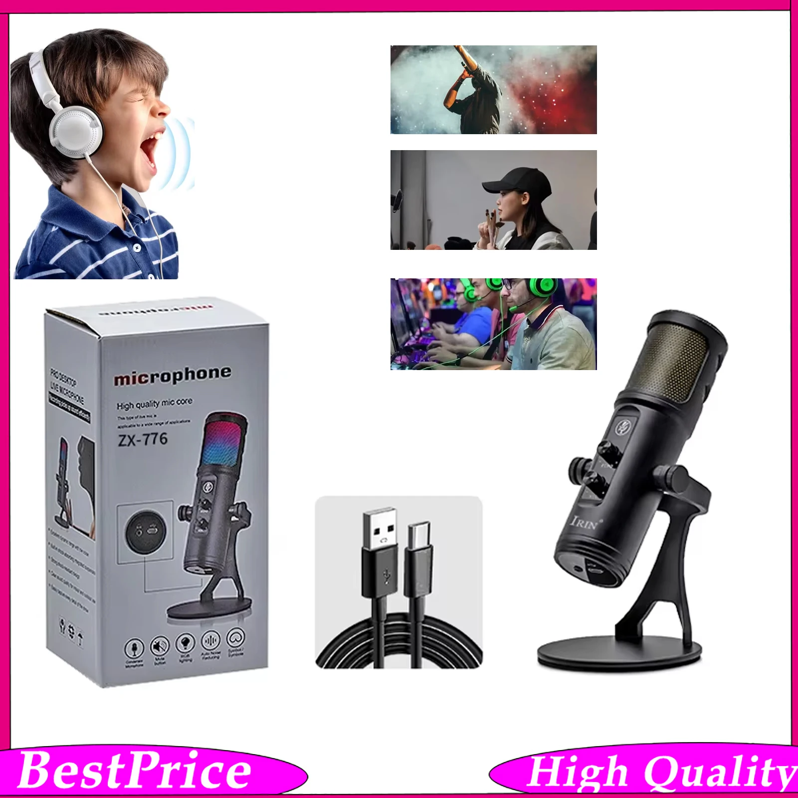 IRIN ZX-776 RGB Desktop Gaming Microphone – USB Condenser Mic Plug & Play for Streaming Video Calls Adjustable Stand