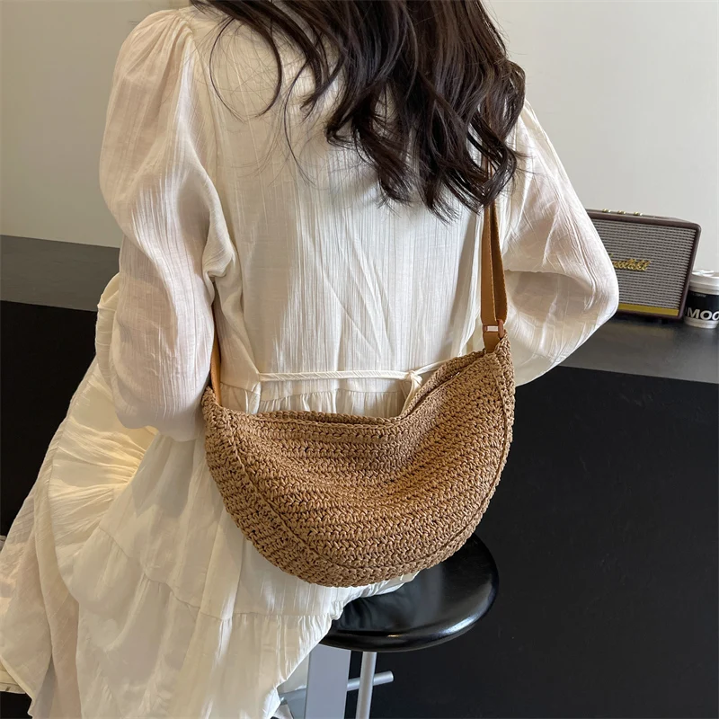 Solid Color Straw Crossbody Bags For Women 2024 Korean Fashion Summer Shoulder Bags Lady Travel Handbags Female Weave Beach Bag