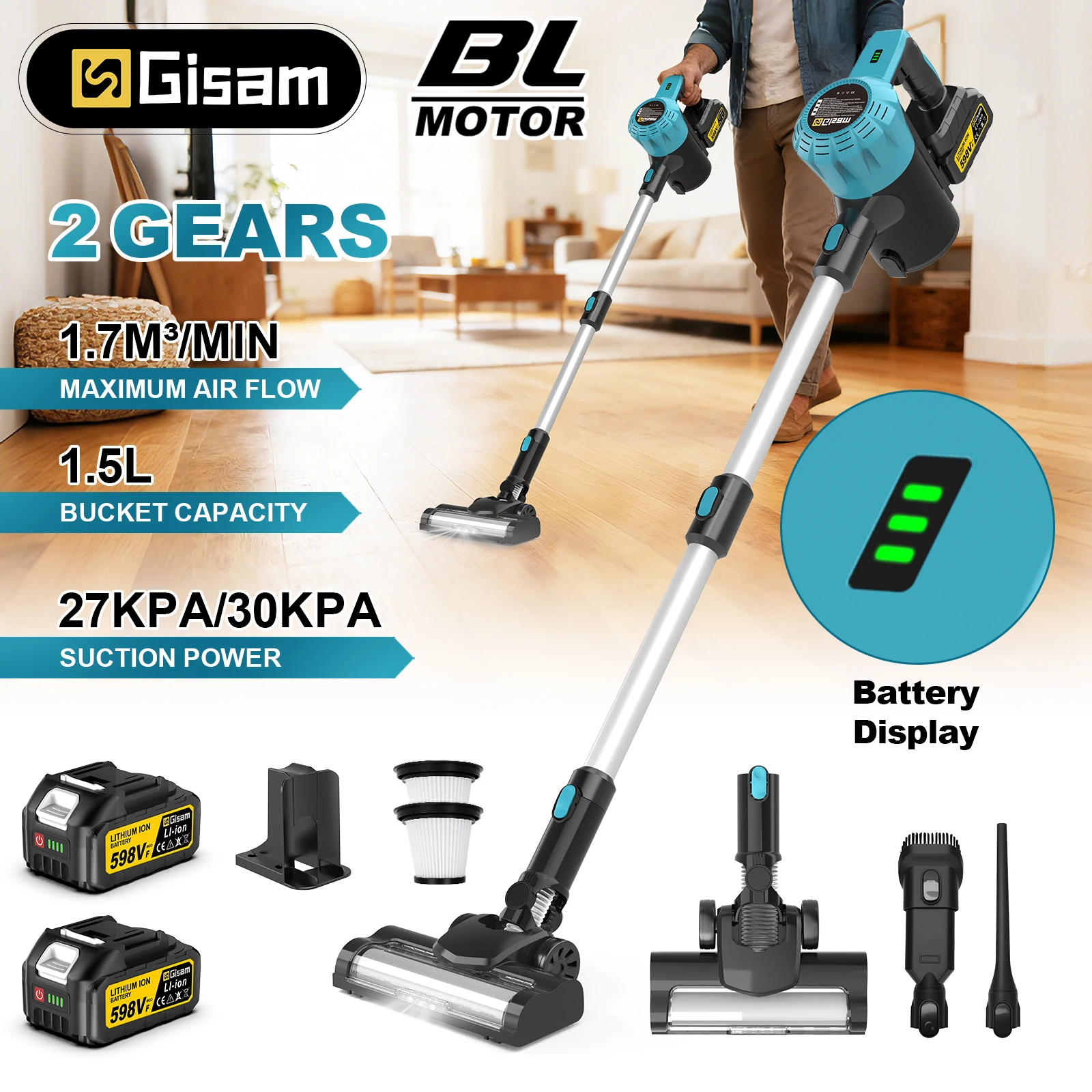 Aspirateur électrique sans fil Gisam 30Kpa, 1,5L, portable, aspiration de poussière, outil de nettoyage domestique, compatible avec la batterie Makita 18V