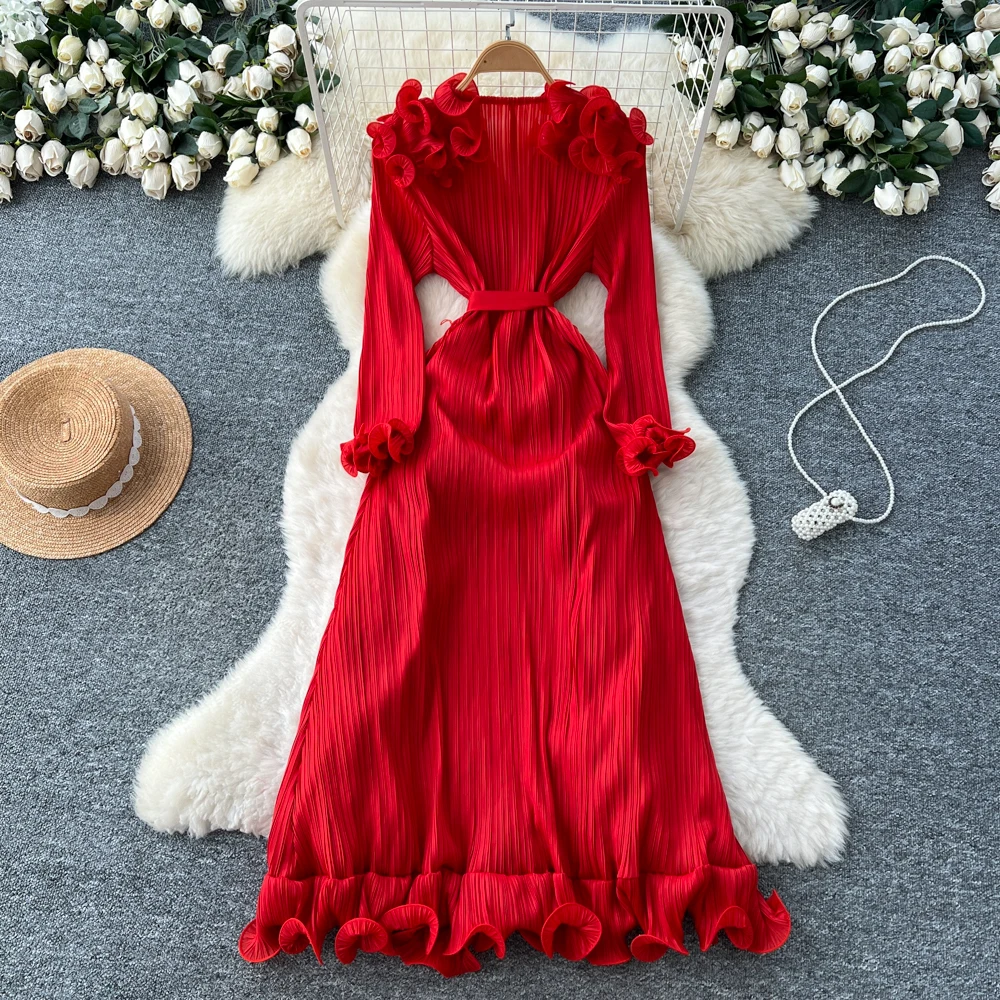 Retro Elegant Spliced split long sleeve Edible Tree Fungus dress High Waist Women autumn winter Dress