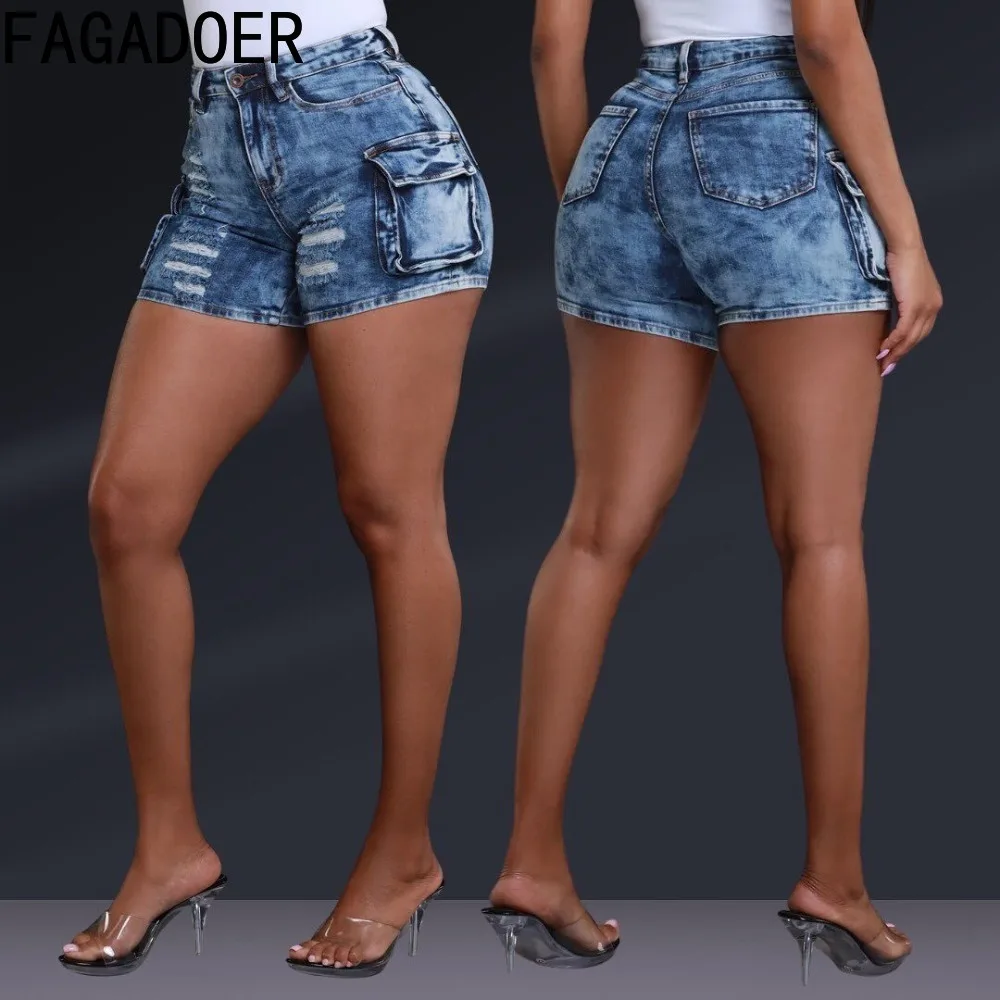 Fagadoer กางเกงยีนส์แฟชั่นสำหรับผู้หญิงกางเกงยีนส์ผ้ายืดกางเกงคาวบอยเอวสูงมีกระเป๋าพิมพ์ลายสีฟ้ามัดย้อม