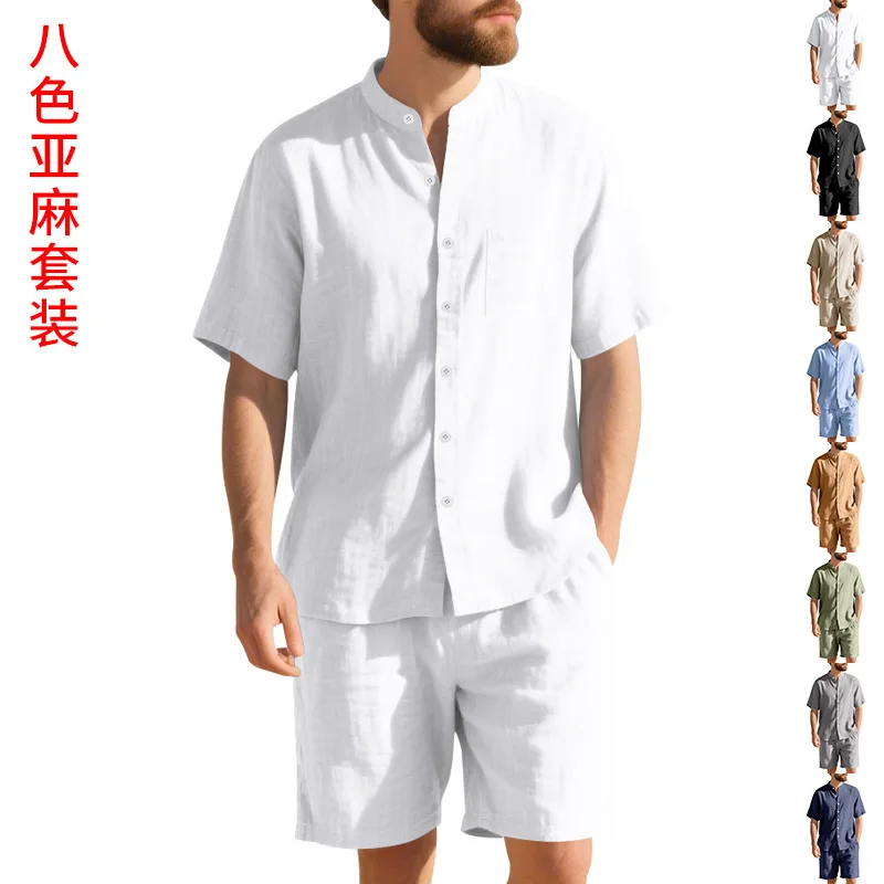 

Summer Men's Linen Loose-Fit Suit Beach Short-Sleeved Shirt And Shorts Set Casual Breathable Clothing for Men