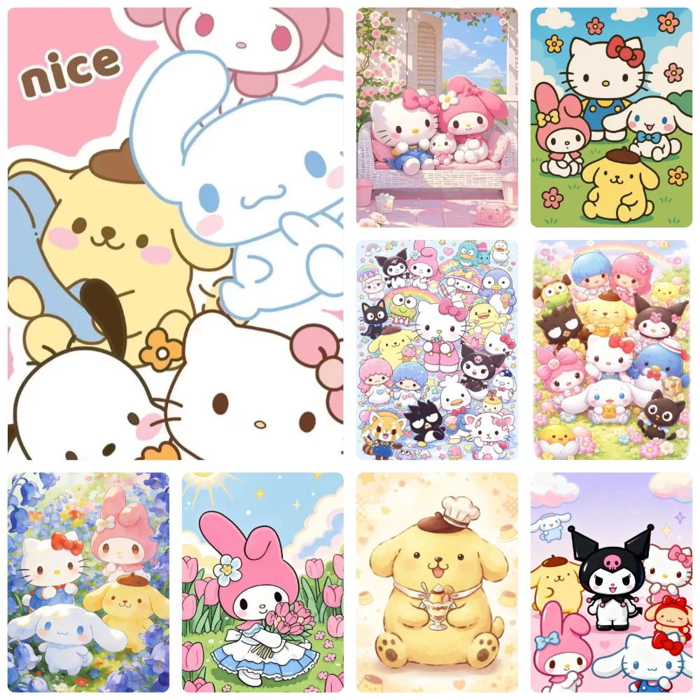 Diamond Painting Sanrio Character Gathering Spring Floral Cartoon Scenery Mosaic Art Creative Handmade Home Office Decor Gift