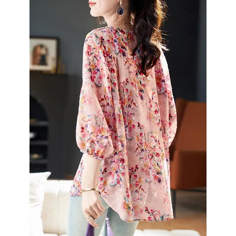 Summer V-neck Elegant Fashion Printing 3/4 Sleeve Shirt Ladies Loose Casual All-match Pullover Top Women Sweet Oversized Blouse
