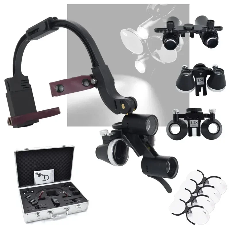 Lupa Binocular con luz LED para odontología, lámpara de diadema de 5W, herramientas de dentista, 6X, 2.5X, 3.5X