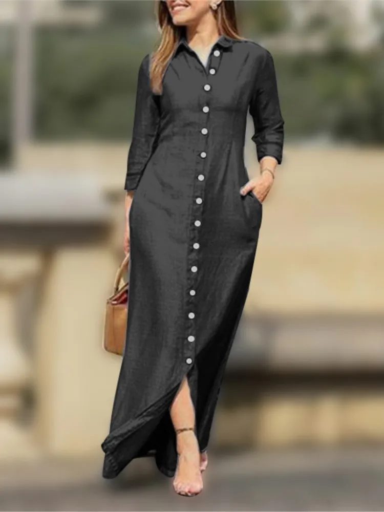 2025 New Dress Spring Summer Women's Plus Size Elegant Neutral Style Cotton Linen Long Dress Long Sleeved Lapel Solid Color