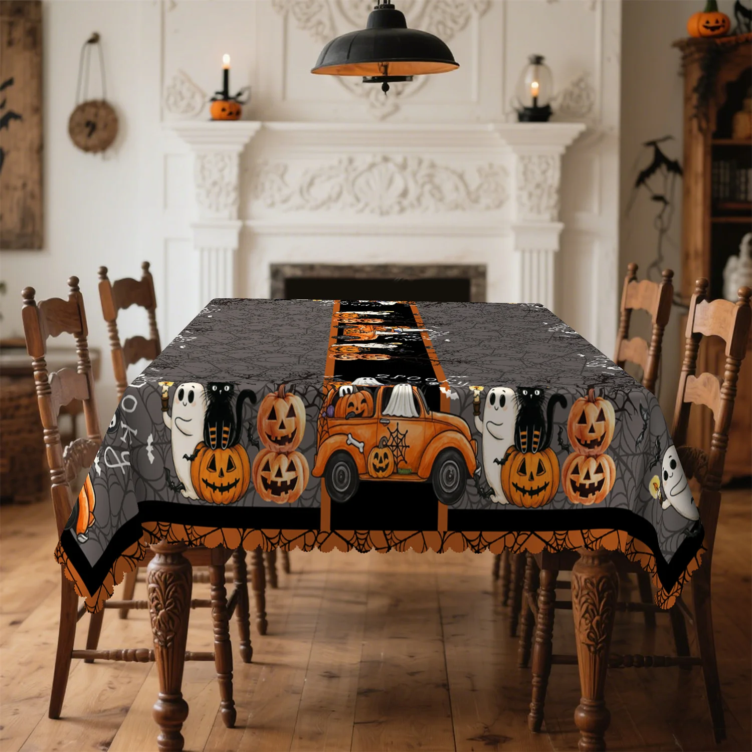 Pumpkin lantern, ghost, black cat, spider web, withered tree, truck, Halloween tablecloth, 1 setzyc