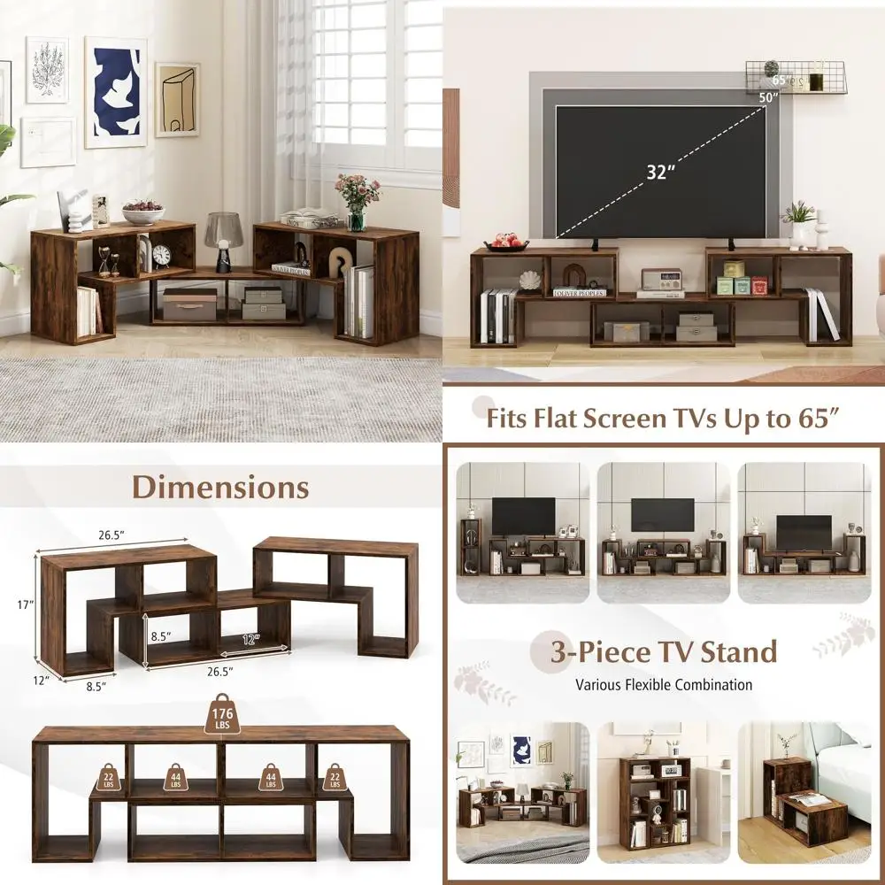 

Brown 3-Piece TV Stand for 50-65 Inch TVs - Bedroom Entertainment Center with Storage Cubes and Open Bookcase
