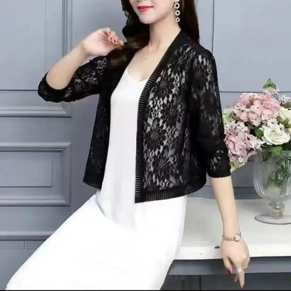 Trendy Lightweight Ladies Summer Top Cover Up Solid Color Breathable Women Casual Lace Cardigan Womenswear