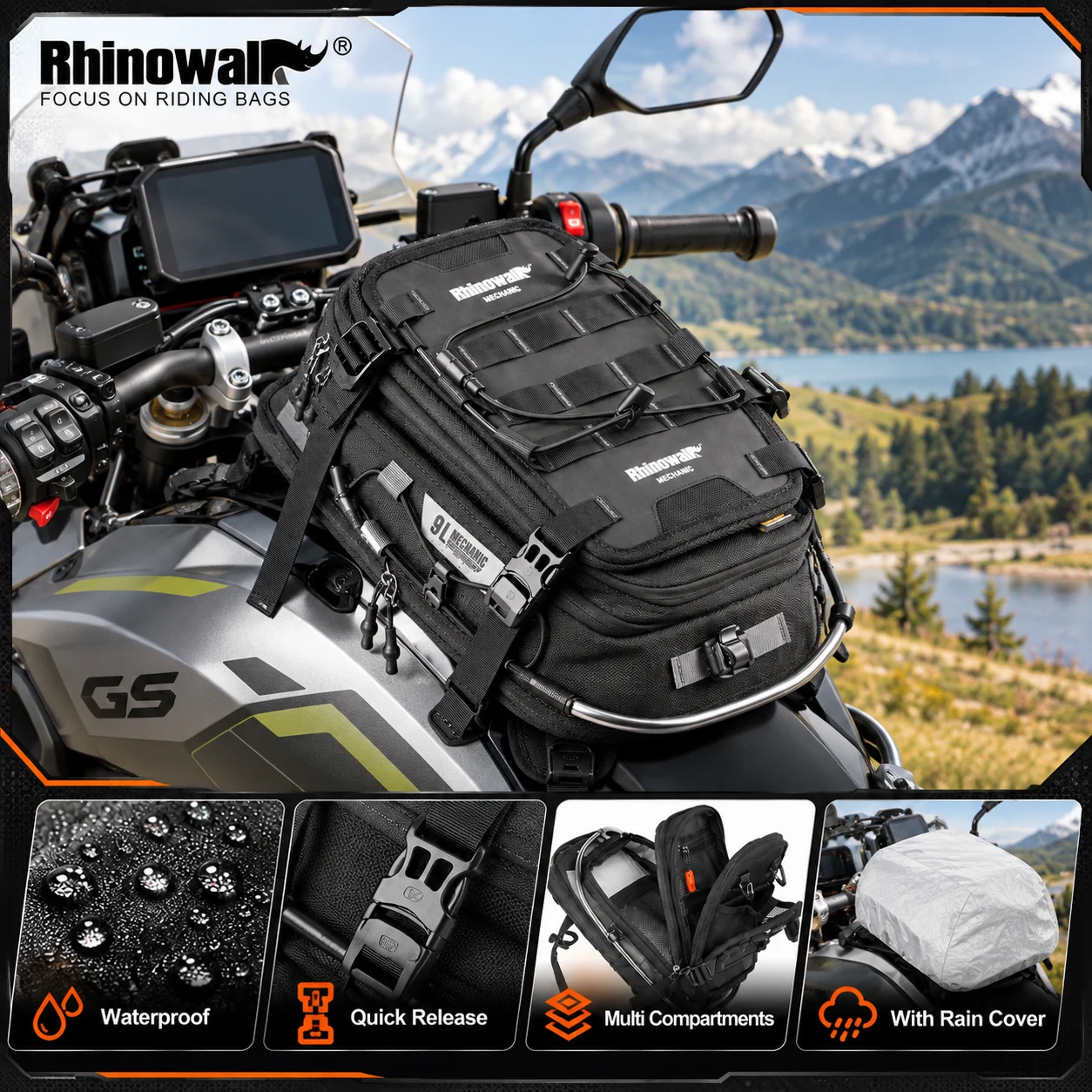 Rhinowalk Motorcycle Tank Bag 9L Waterproof Backpack With 1.5L Hydration Water Bag Rain Cover Motorcycle Riding Luggage