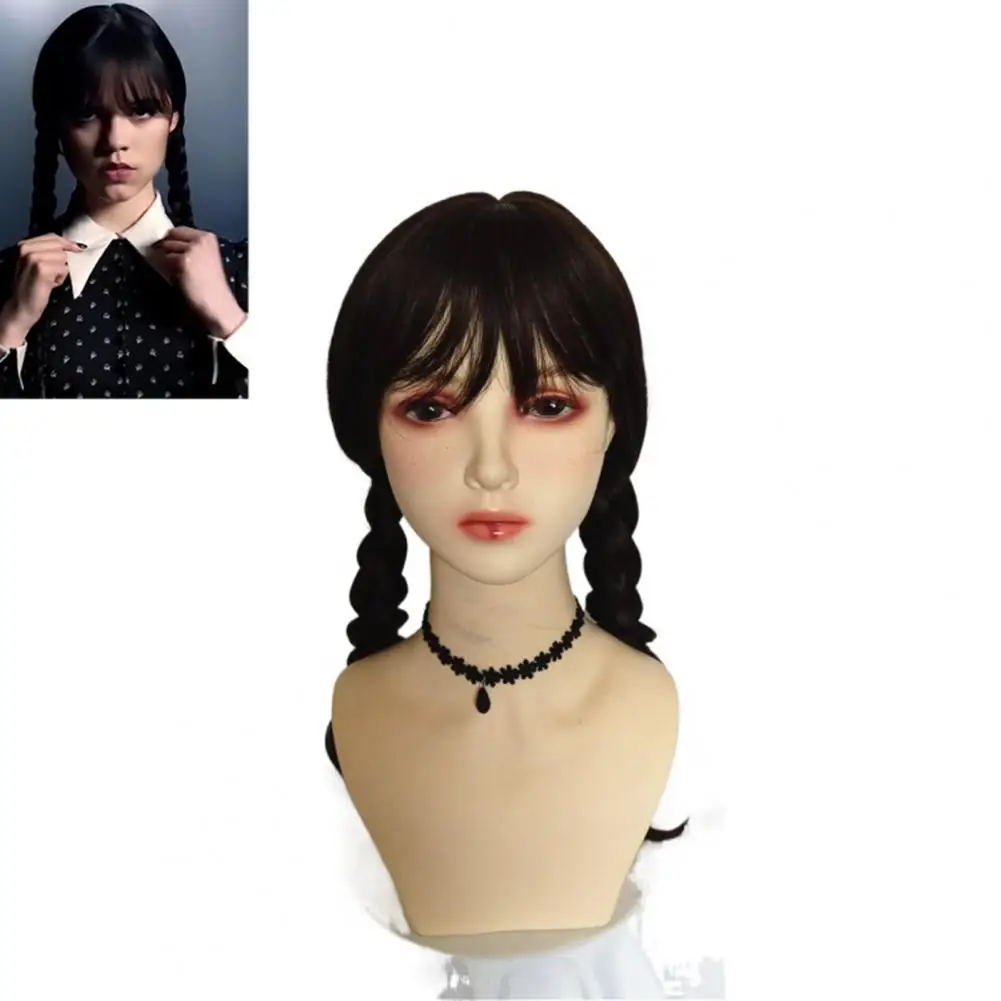 

Cosplay Women Long Hair Wig with Bangs High Temperature Fiber Smooth Braided Wig Addams Family Cosplay Wig Hair Styling Tool