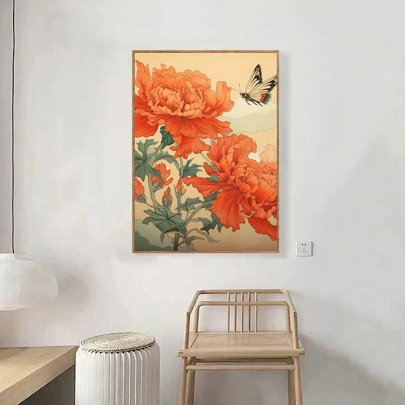 Chinese Style Peony Flowers Blossom Butterfly Bird Poster and Prints Canvas Printing Wall Art Picture for Living Room Home Decor