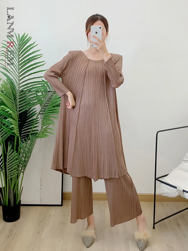 

LANMREM Pleated Set Women Irregular Loose Long Shirt Top Wide-leg Pants 2 Pieces Set Female Elegant Clothing 2024 Summer 2R4383