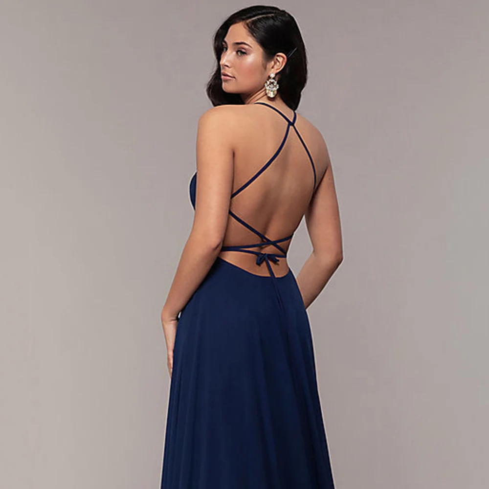 Azul marinho espaguete cinta vestidos de noite para festa elegante a line longo vestido de baile 2022 sexy alta dividir vestidos sem costas