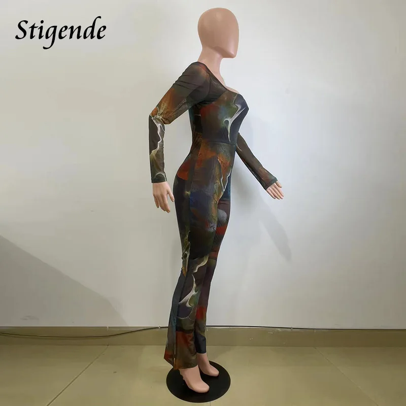 Stigende Sexy See Through Mesh Jumpsuit Women Tie Dye Print Back Zipper Square Neck Flared Jumpsuit