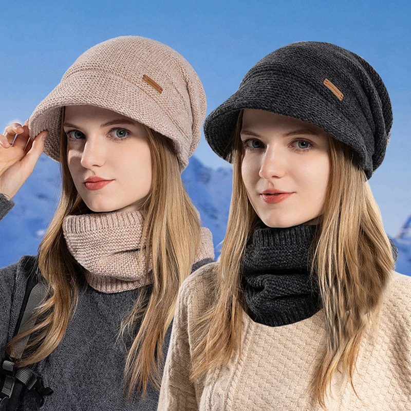 2Pcs Frauen Winter Hut Schal Set Plüsch Futter Frau Gestrickte Hut Hals Wärmer Anzug Teenager Mädchen Kappe Set Herbst baskenmütze Hüte