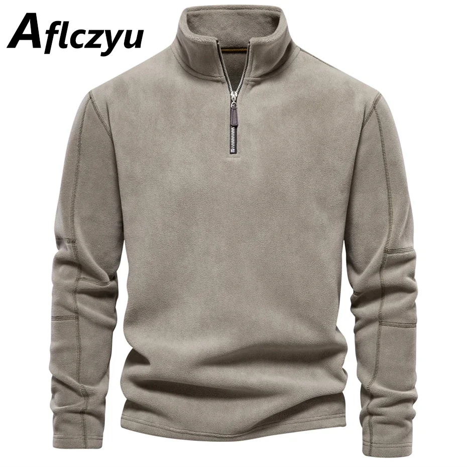 Spring Autumn Fleece Sweatshirts Men Fashion Casual Solid Color Pullovers Male Stand Collar Sweatshirt Brown