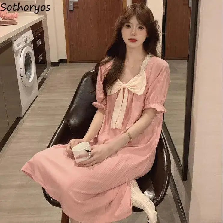 

Nightgowns Women Kawaii Bow Schoolgirl Japanese Style Princess Sleepwear Thin Sweet Youth Lounge Short-sleeved Nightdress Ins