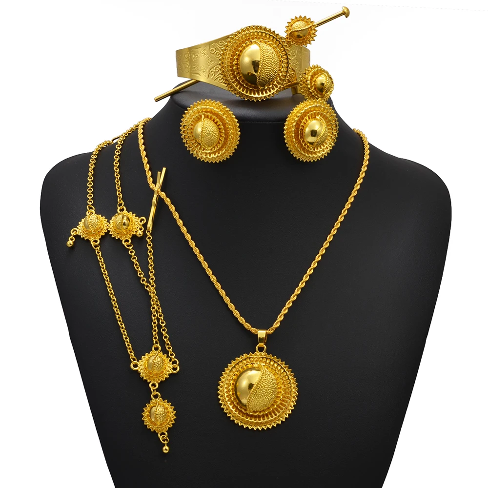 Eritrean Jewelry Set For Women Ethiopian Necklaces Earrings Rings Bracelets Hairpins And Forehead Chains Wedding Dowry #175216