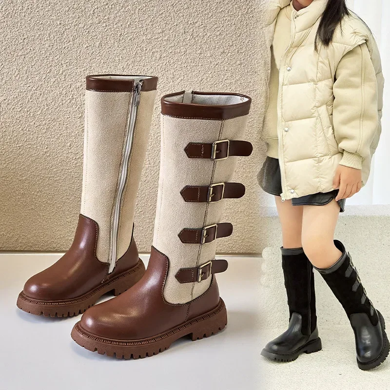 Retro Buckle Girls Boots 2024 Autumn New Fashion Leather Knee-length Long Boots Princess High Top Casual Children Shoes