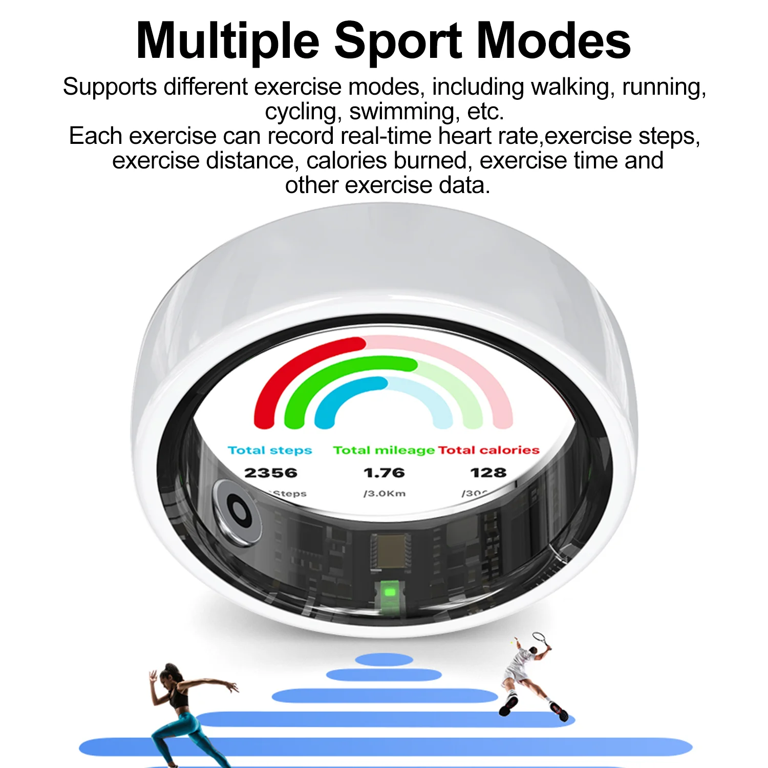 R12 Couple anneau intelligent avec étui de charge moniteur de fréquence cardiaque et de sommeil Modes multi-sport 5ATM anneau intelligent étanche pour hommes femmes