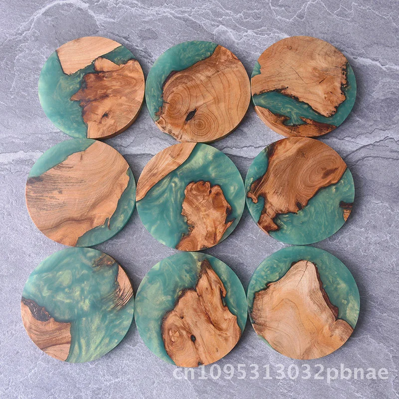 Portavasos de té de madera de Acacia pequeño, estera de aislamiento térmico, posavasos de café de resina, accesorio para la ceremonia del té de madera maciza en verde malaquita