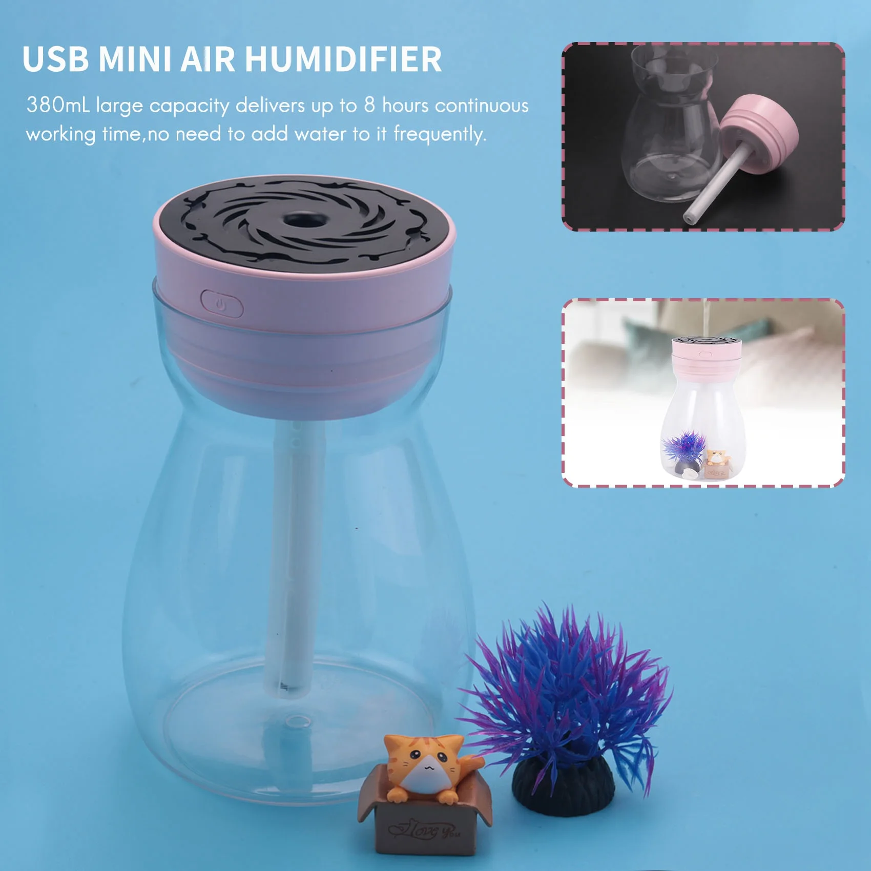 Humidificateur à brume fraîche mignon, purificateur d'air pour bureau et chambre à coucher, chargeur Usb, humidificateur d'air Kawaii avec lumière Led, bouteille hydratante d'air