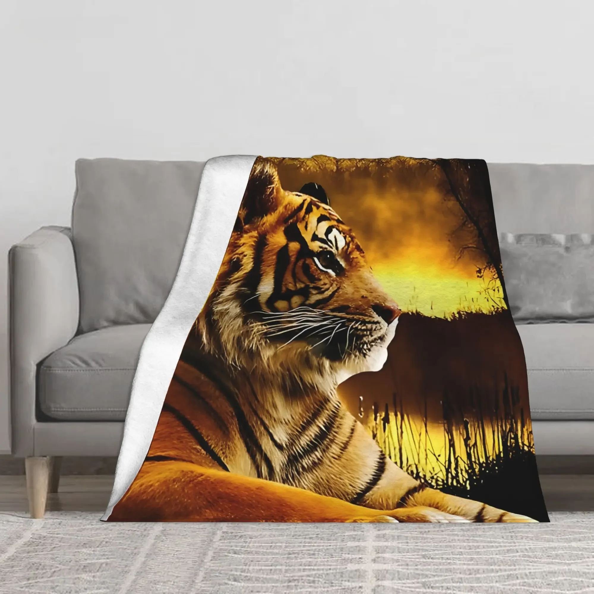 1PC Tiger And Sunset blanket Throw Furry Winter Blankets for Adults Bedding Home Interior Fluffy Plaid Sofa Knee