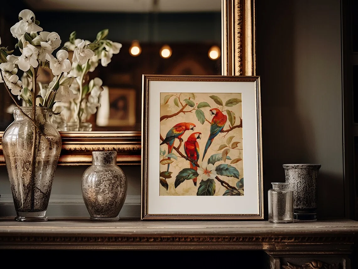 Vintage Parrot Print Botanical - Vintage Fashion Wall Art review and price