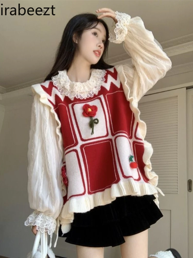 Sweet Knitted Waistcoat Design Sense Plaid Ruffle Edge Sleeveless Sweater Vest Loose Fit Mainland China  Oversized Pullover