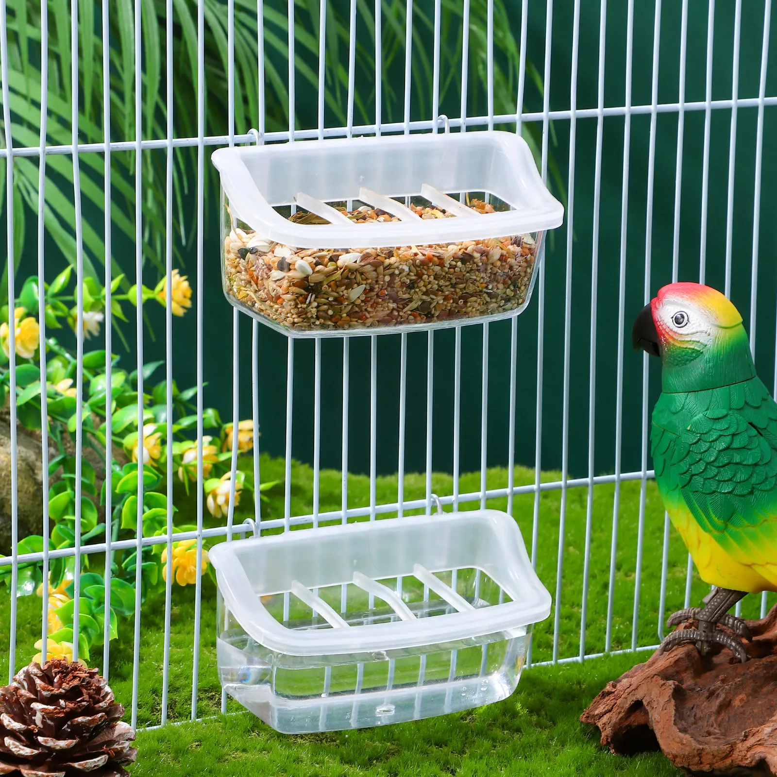 2pcs Bird Cage Food Bowls Pet Food Feeder Parrot Cage Feeder Bowl Plastic Bird Food Feeding Containers Cage Hanging Feeding Dish