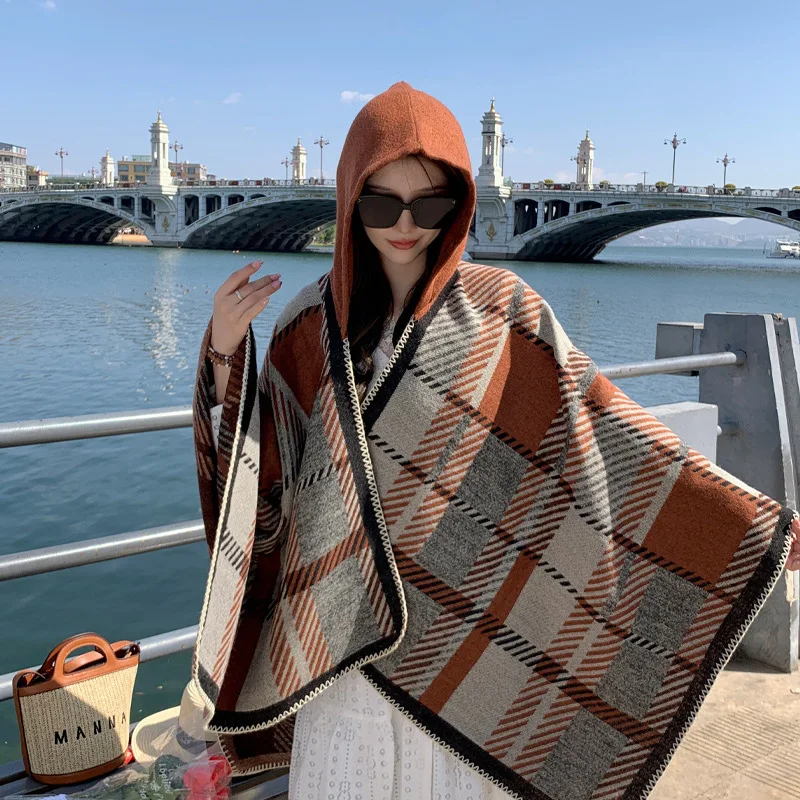 Autumn winter warm, thickened, plaid cape with hood, shawl, scarf, and air-conditioned room cover-up for women